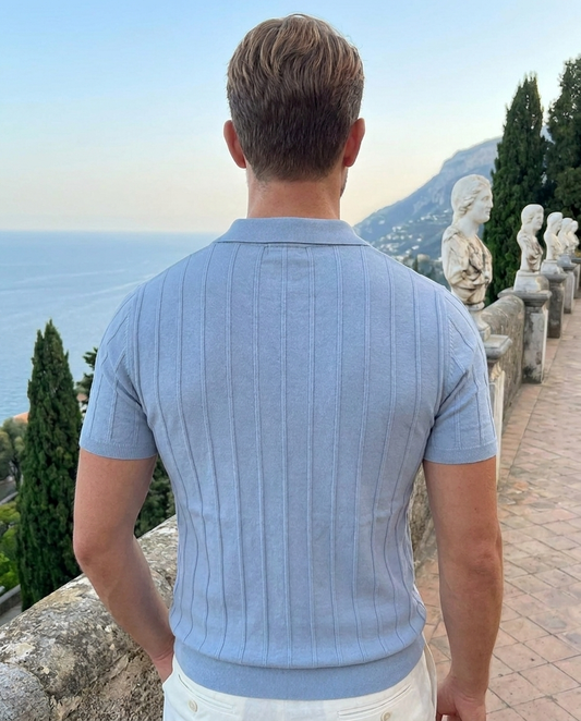 オールドマネー ニットポロ RAVELLO ライトブルー 背面